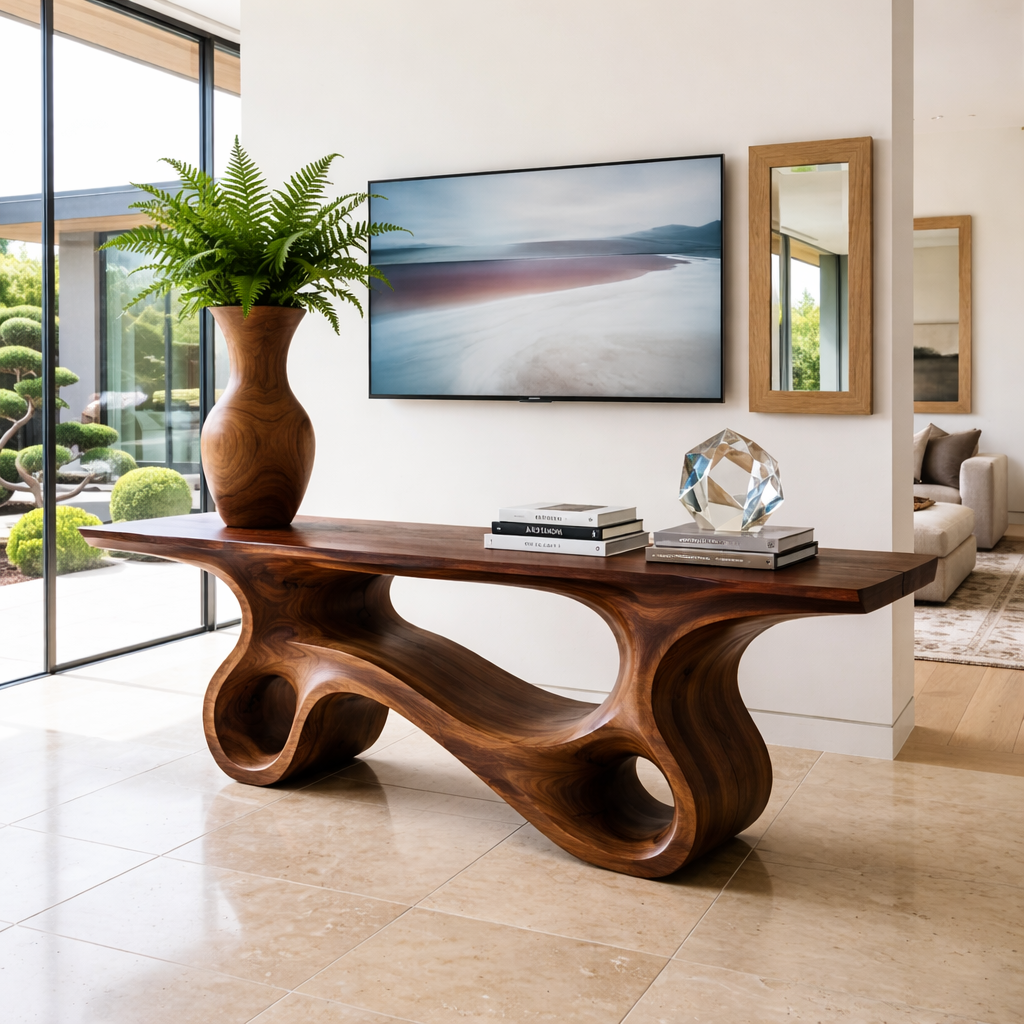 Solid Wood Console Table with Sculpted Curved Design, Modern Minimalist Furniture - view 3 of 7