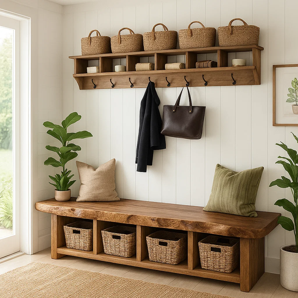 Solid Wood Entryway Bench with Storage Cubbies, Rustic Hallway Organizer Seat - view 2 of 7