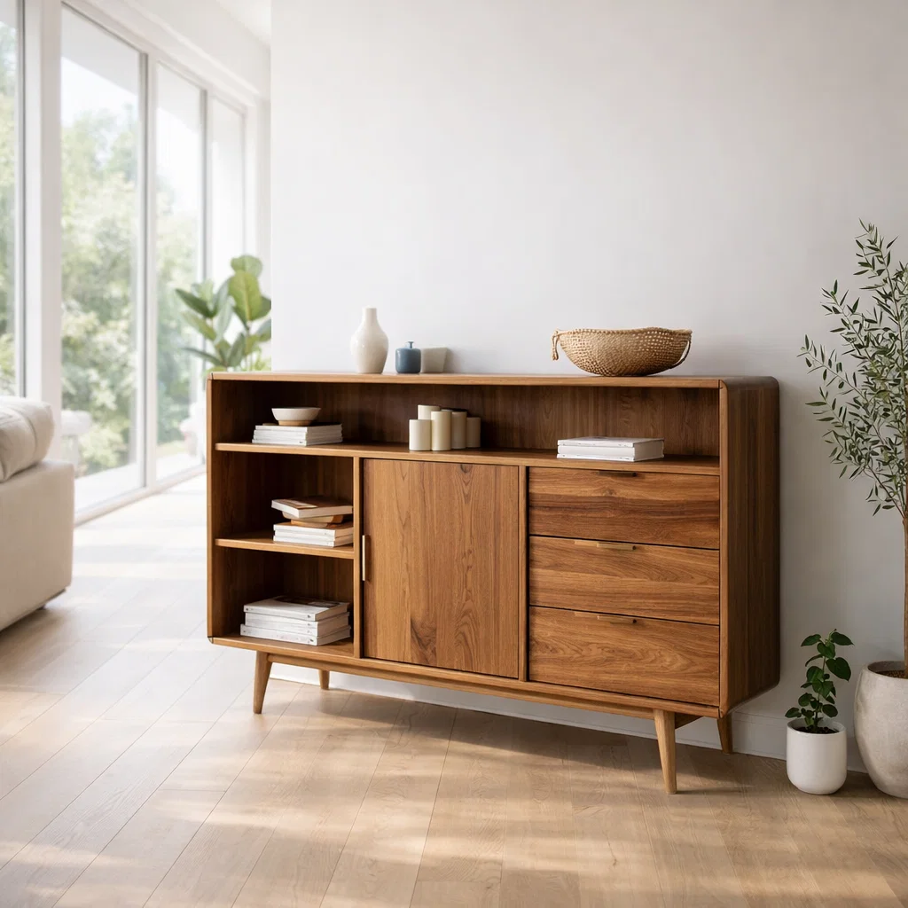 Solid Wood Sideboard Console with Drawers & Shelves – Modern Storage Cabinet - view 3 of 7