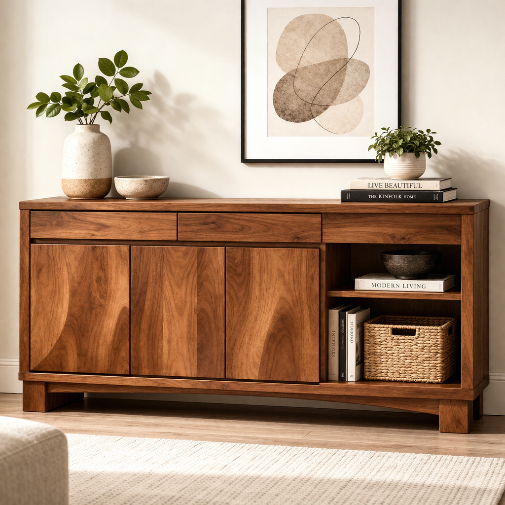 Solid Wood Console Cabinet with Drawers and Open Shelf – Modern Sideboard - view 3 of 7