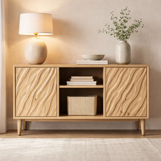 Solid Wood Console Cabinet with Wave Carved Doors & Open Shelf Storage - view 1 of 7