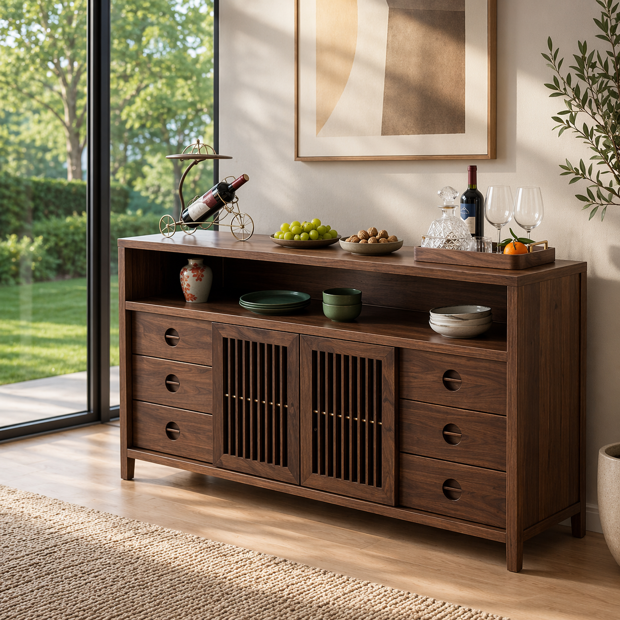 Solid Wood Console Sideboard with Slatted Doors – Modern Walnut Storage Cabinet - view 2 of 7