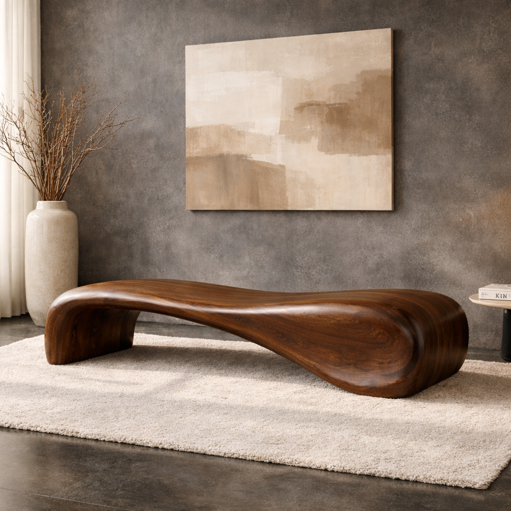 Modern Sculptural Wooden Entryway Bench, Curved Hallway Seating for Luxury Homes - view 3 of 7