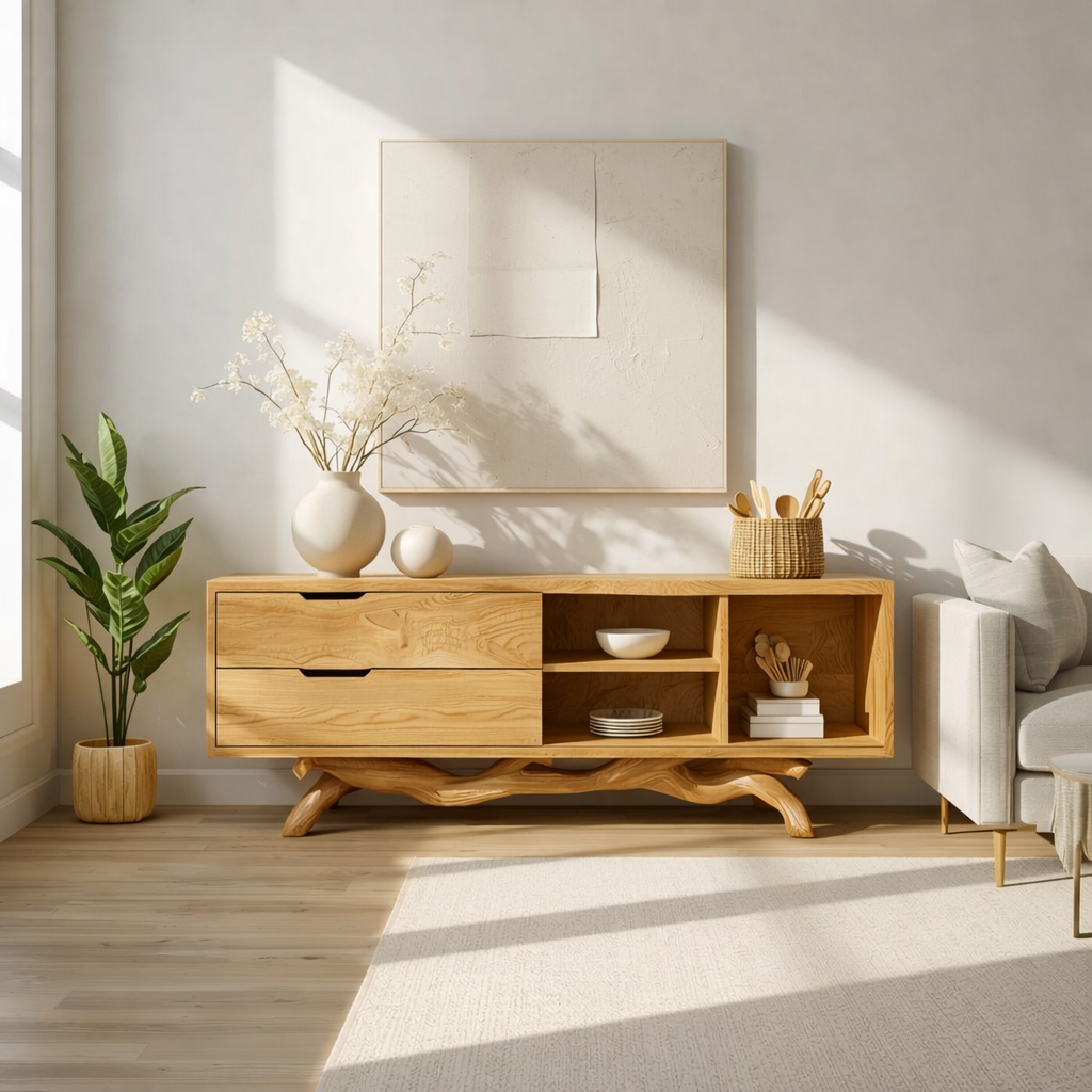 Modern Solid Wood Sideboard with Sculptural Base, Mid Century Storage Cabinet - view 5 of 8