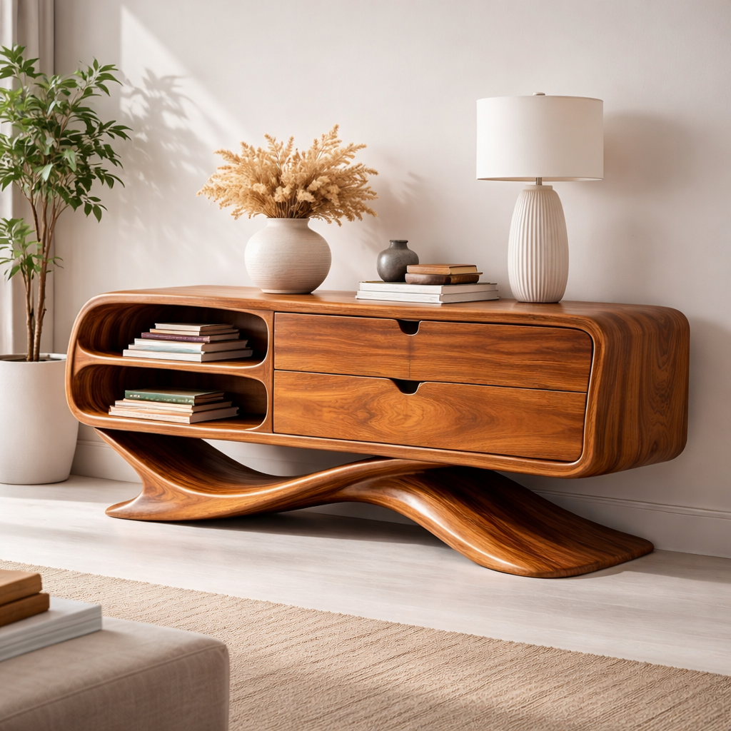 Solid Wood Sculptural Console Cabinet with Drawers & Open Shelf – Modern Curved Base - view 3 of 7