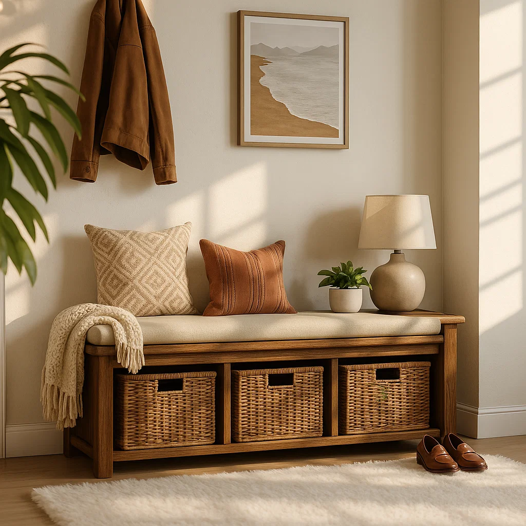 Solid Wood Entryway Bench with Woven Basket Storage, Rustic Hallway Organizer - view 1 of 7