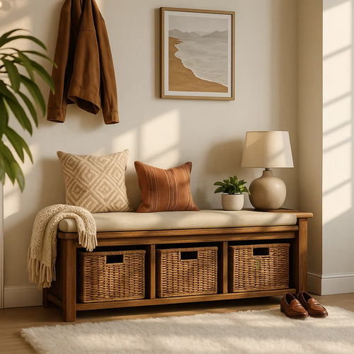Solid Wood Entryway Bench with Woven Basket Storage, Rustic Hallway Organizer - view 1 of 7