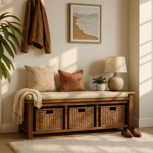 Solid Wood Entryway Bench with Woven Basket Storage, Rustic Hallway Organizer - view 1 of 7