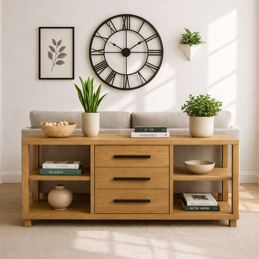 Solid Wood Console Table with Drawers and Shelves, Modern Walnut Entryway Sofa Table Storage Cabinet - view 1 of 7