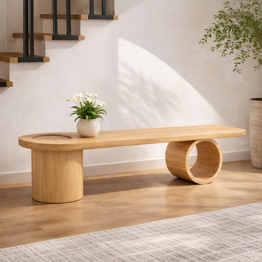 Modern Solid Oak Sculptural Bench, Minimalist Geometric Statement Seat - view 1 of 7