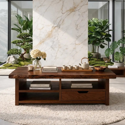 Live Edge Oak Coffee Table with Storage Drawer and Shelf, Solid Wood Living Room Table - view 3 of 7