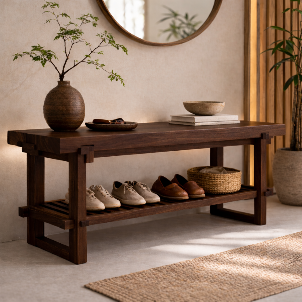 Solid Oak Entryway Bench with Storage Shelf | Modern Hallway Seating - view 2 of 7