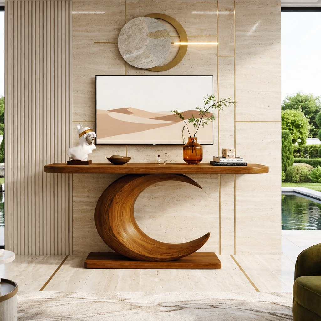 Solid Wood Console Table with Sculpted Crescent Base, Modern Artistic Design - view 2 of 7