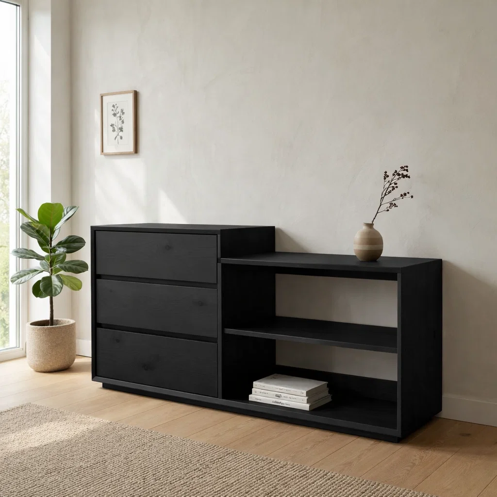 Solid Oak Console Cabinet with Drawers & Open Shelves – Modern Storage Sideboard - view 4 of 7