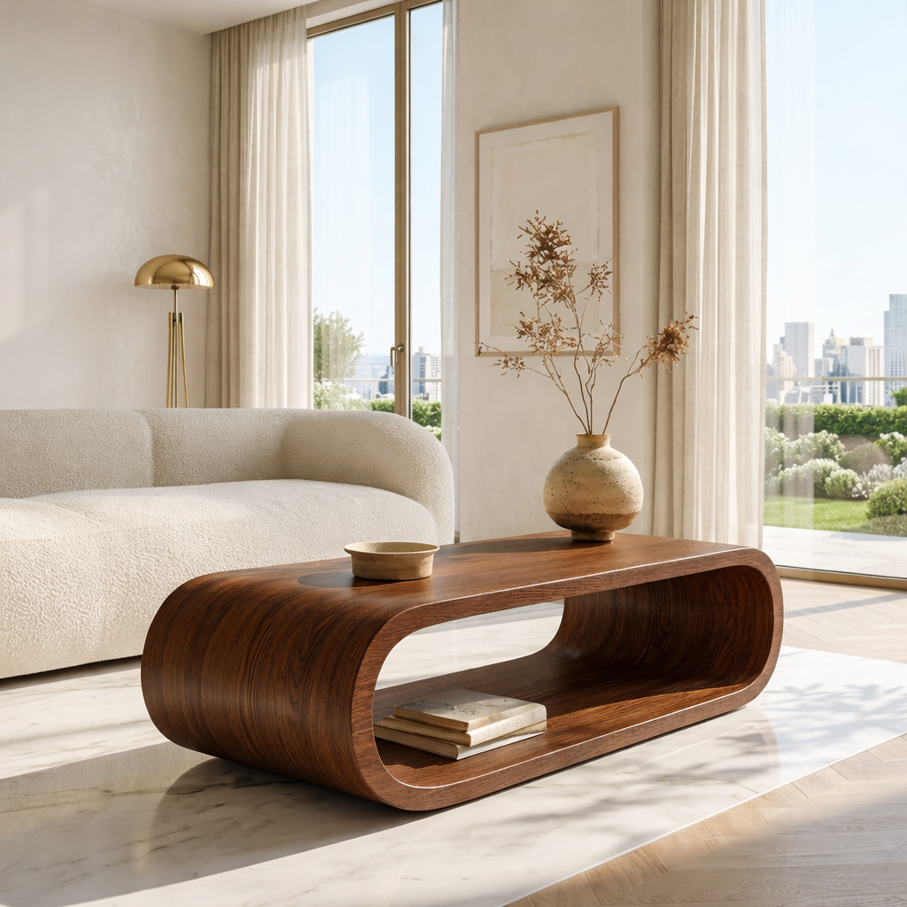 Modern Curved Coffee Table with Open Shelf for Contemporary Minimalist Interiors - view 2 of 7