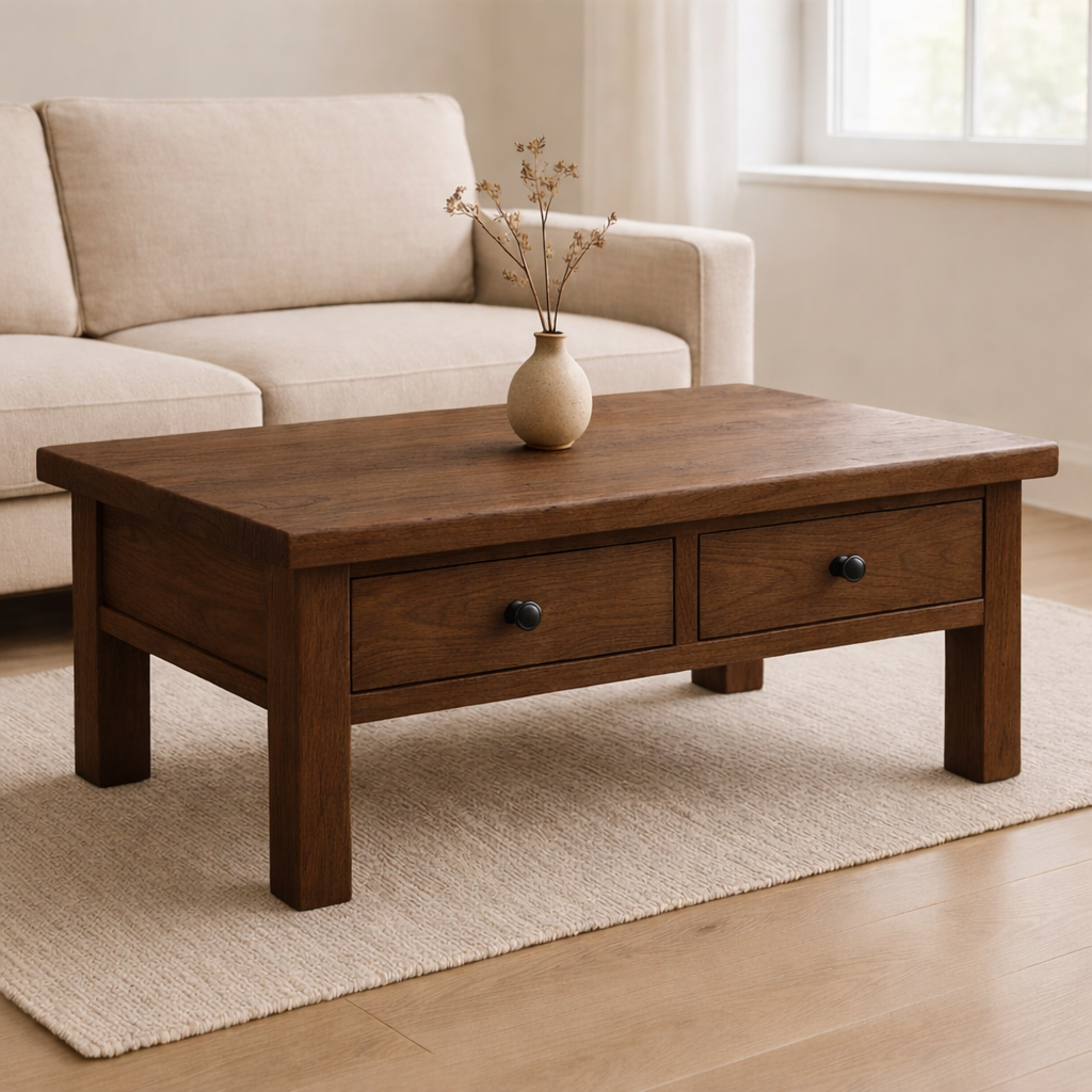 Solid Wood Coffee Table with Drawers Rustic Living Room Storage Coffee Table - view 3 of 7