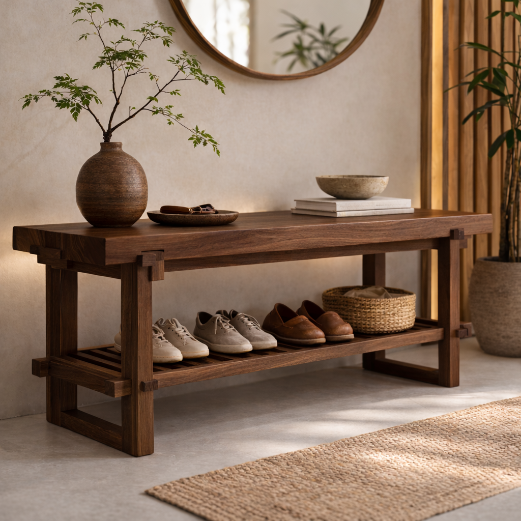 Solid Oak Entryway Bench with Storage Shelf | Modern Hallway Seating - view 3 of 7