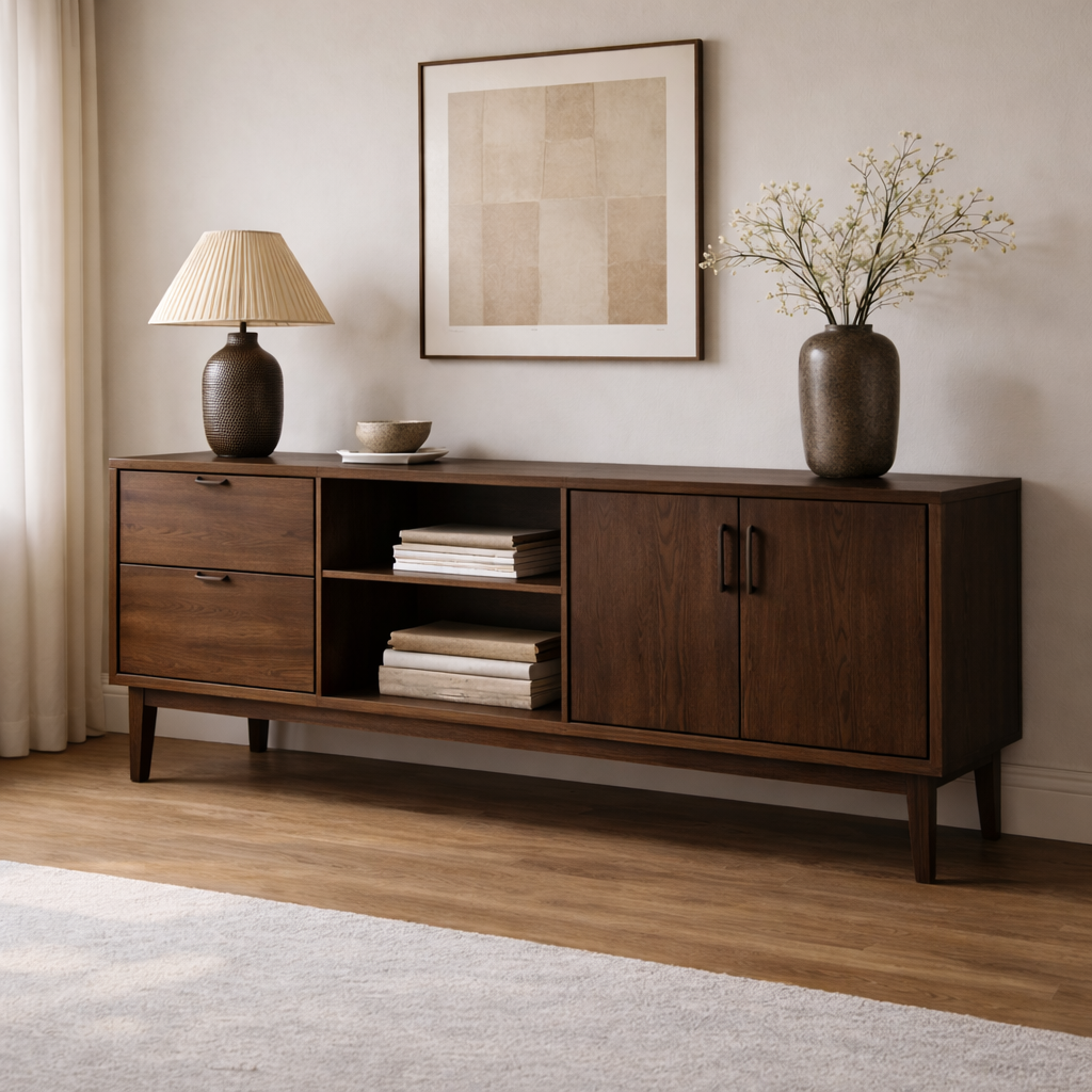 Solid Wood Console Cabinet with Drawers, Doors and Open Shelf Storage - view 2 of 7