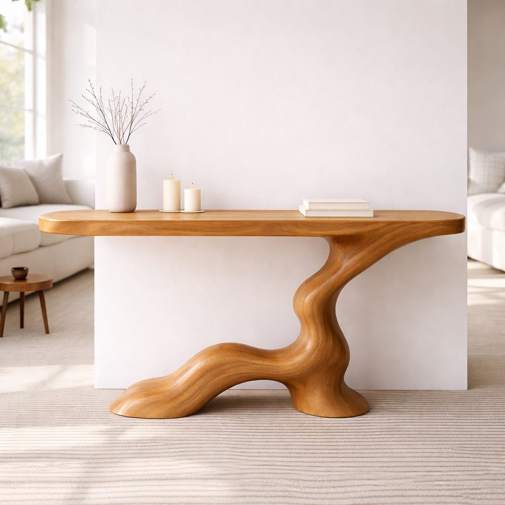 Modern Solid Wood Console Table, Sculptural Curved Base Entryway Hallway Walnut Statement Furniture - view 1 of 7