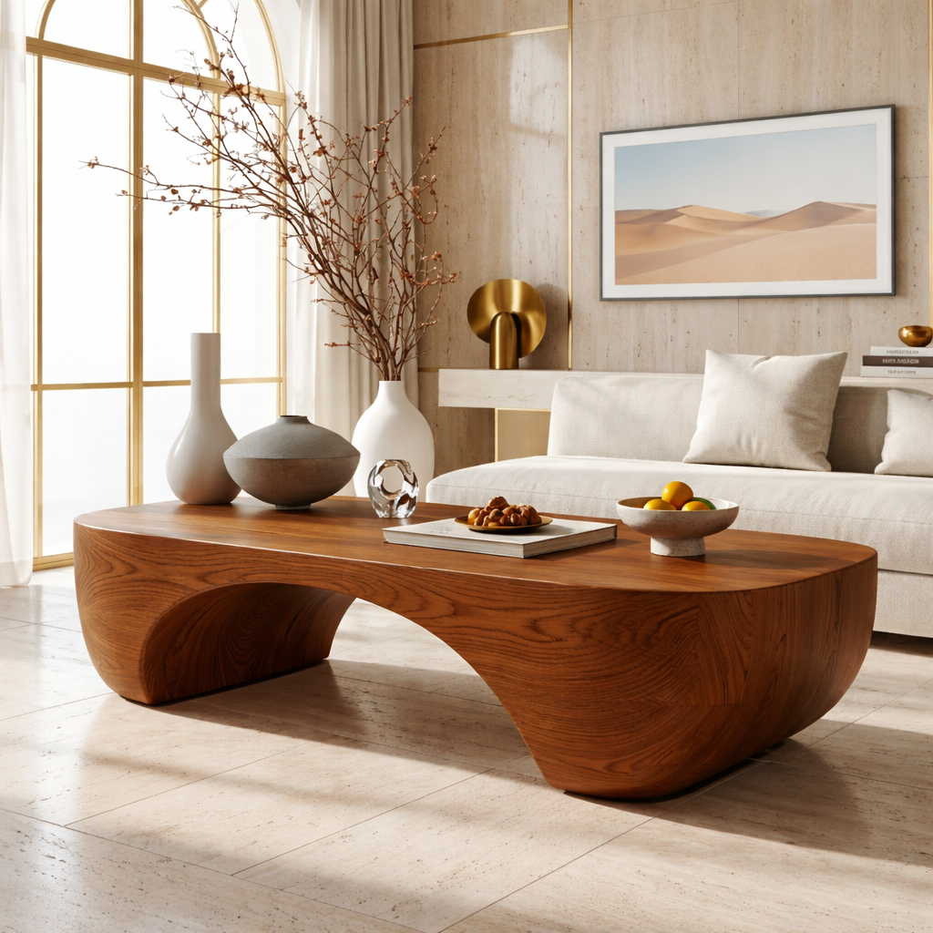 Elegant Wooden Coffee Table with Sculpted Curved Design - view 3 of 7