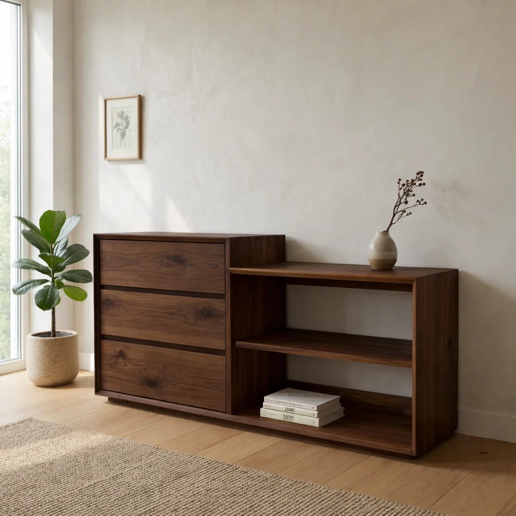 Solid Oak Console Cabinet with Drawers & Open Shelves – Modern Storage Sideboard - view 2 of 7