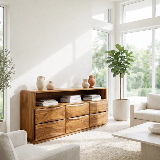 Solid Wood Sideboard Console with Wave Drawers & Open Shelf Storage Cabinet - view 1 of 7