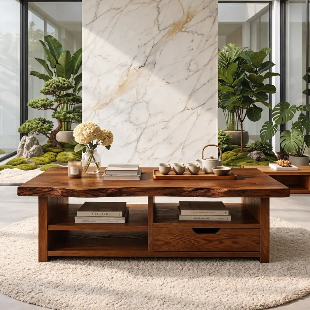 Live Edge Oak Coffee Table with Storage Drawer and Shelf, Solid Wood Living Room Table - view 2 of 7