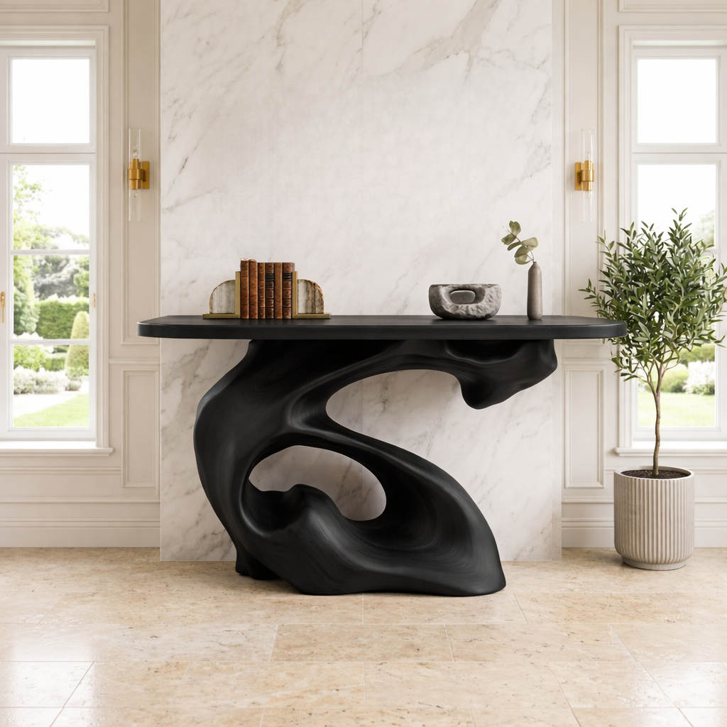 Solid Wood Console Table with Sculpted Organic Base, Artistic Modern Design - view 4 of 7