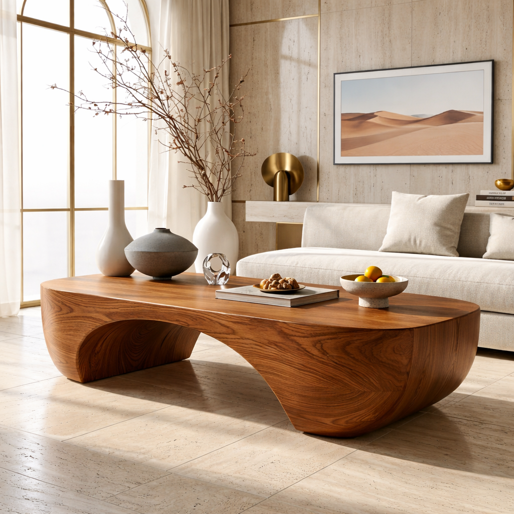 Elegant Wooden Coffee Table with Sculpted Curved Design - view 2 of 7
