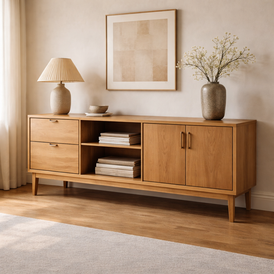 Solid Wood Console Cabinet with Drawers, Doors and Open Shelf Storage - view 1 of 7