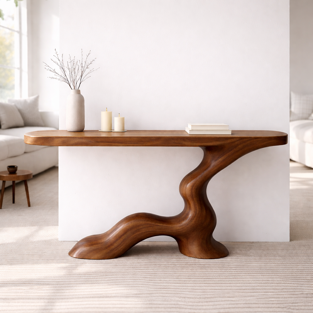 Modern Solid Wood Console Table, Sculptural Curved Base Entryway Hallway Walnut Statement Furniture - view 6 of 7