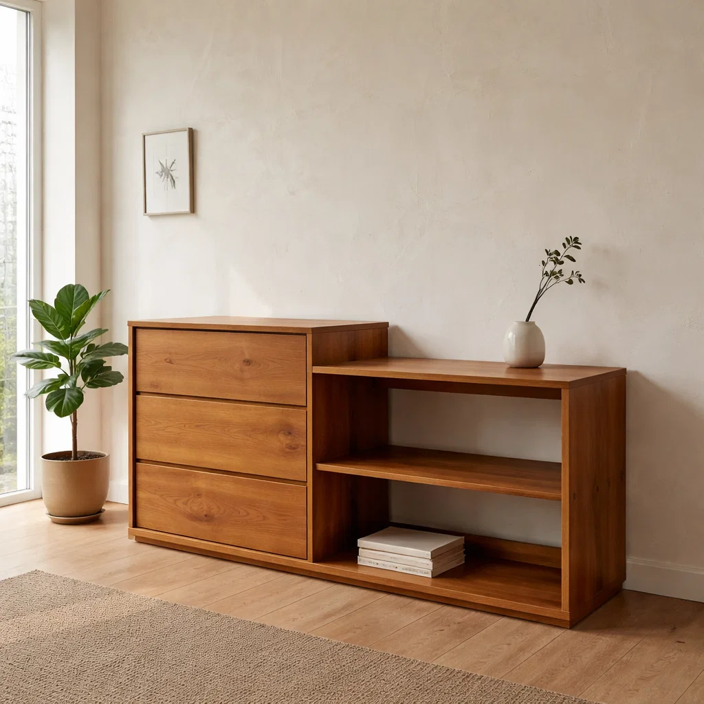 Solid Oak Console Cabinet with Drawers & Open Shelves – Modern Storage Sideboard - view 3 of 7