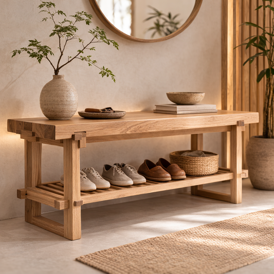Solid Oak Entryway Bench with Storage Shelf | Modern Hallway Seating - view 1 of 7