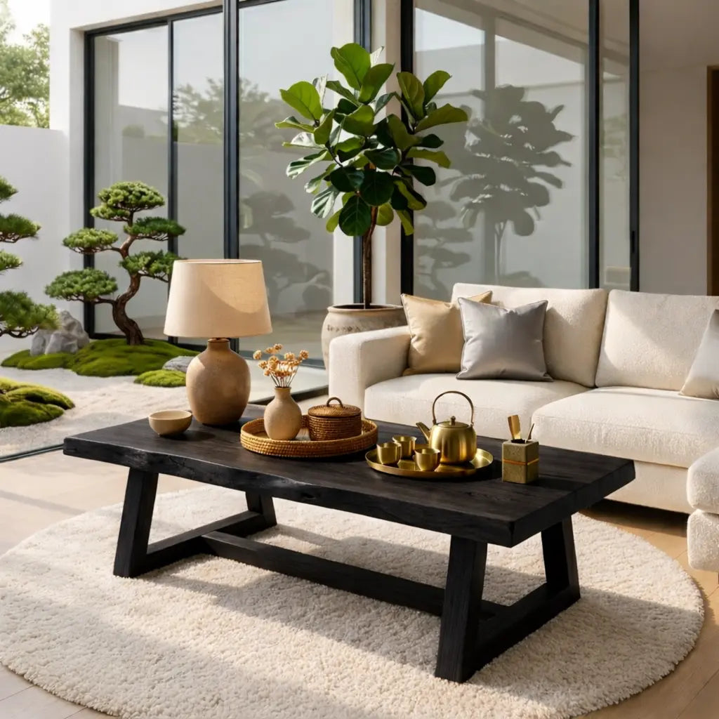 Rustic Solid Wood Coffee Table with Live Edge Top and Trestle Base for Living Room - view 4 of 7