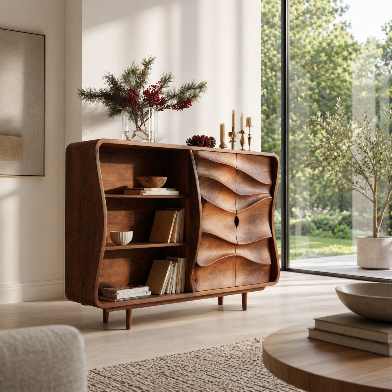Sculptural Solid Wood Console Sideboard – Organic Modern Walnut Storage Cabinet - view 2 of 7