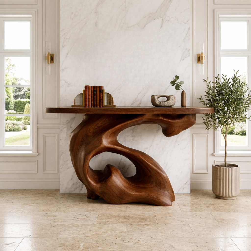 Solid Wood Console Table with Sculpted Organic Base, Artistic Modern Design - view 3 of 7