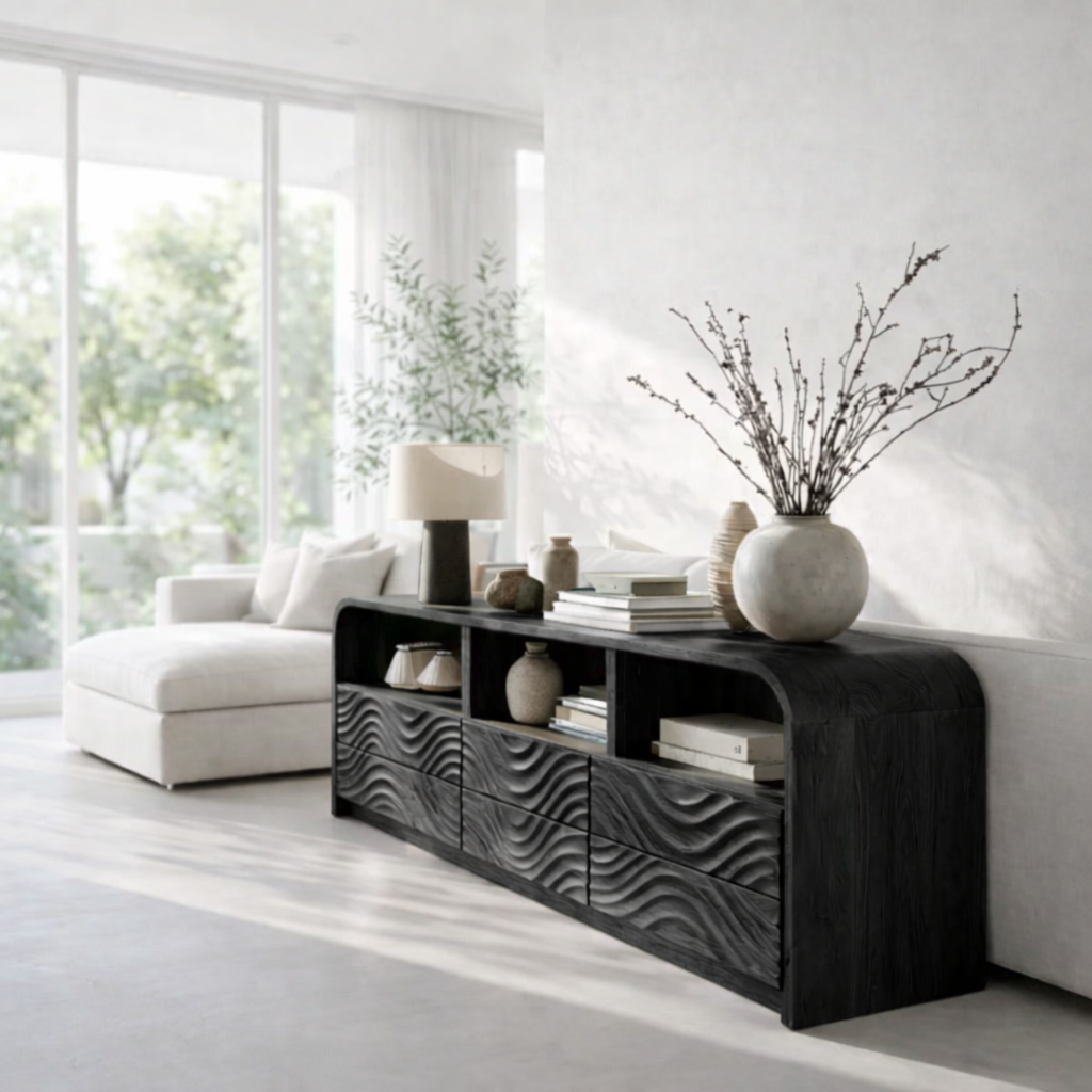 Solid Wood Sideboard Console with Wave Carved Drawers & Open Shelf Cabinet - view 4 of 7