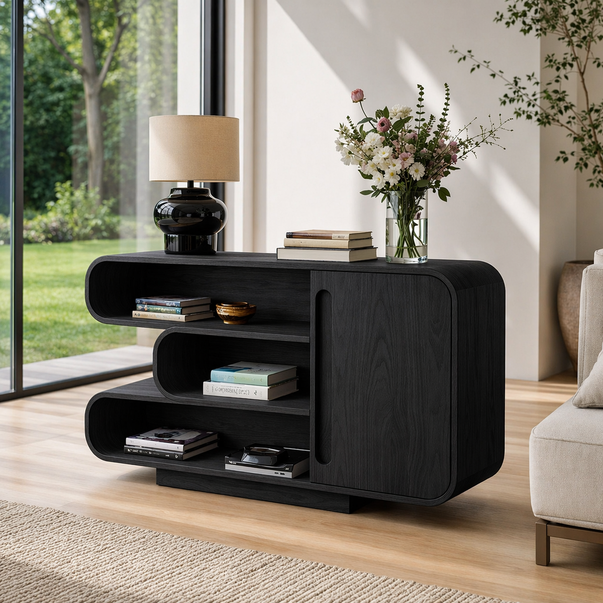 Curved Solid Wood Console Sideboard – Modern Walnut Storage Cabinet with Shelves - view 4 of 7