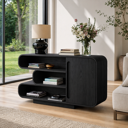 Curved Solid Wood Console Sideboard – Modern Walnut Storage Cabinet with Shelves - view 4 of 7