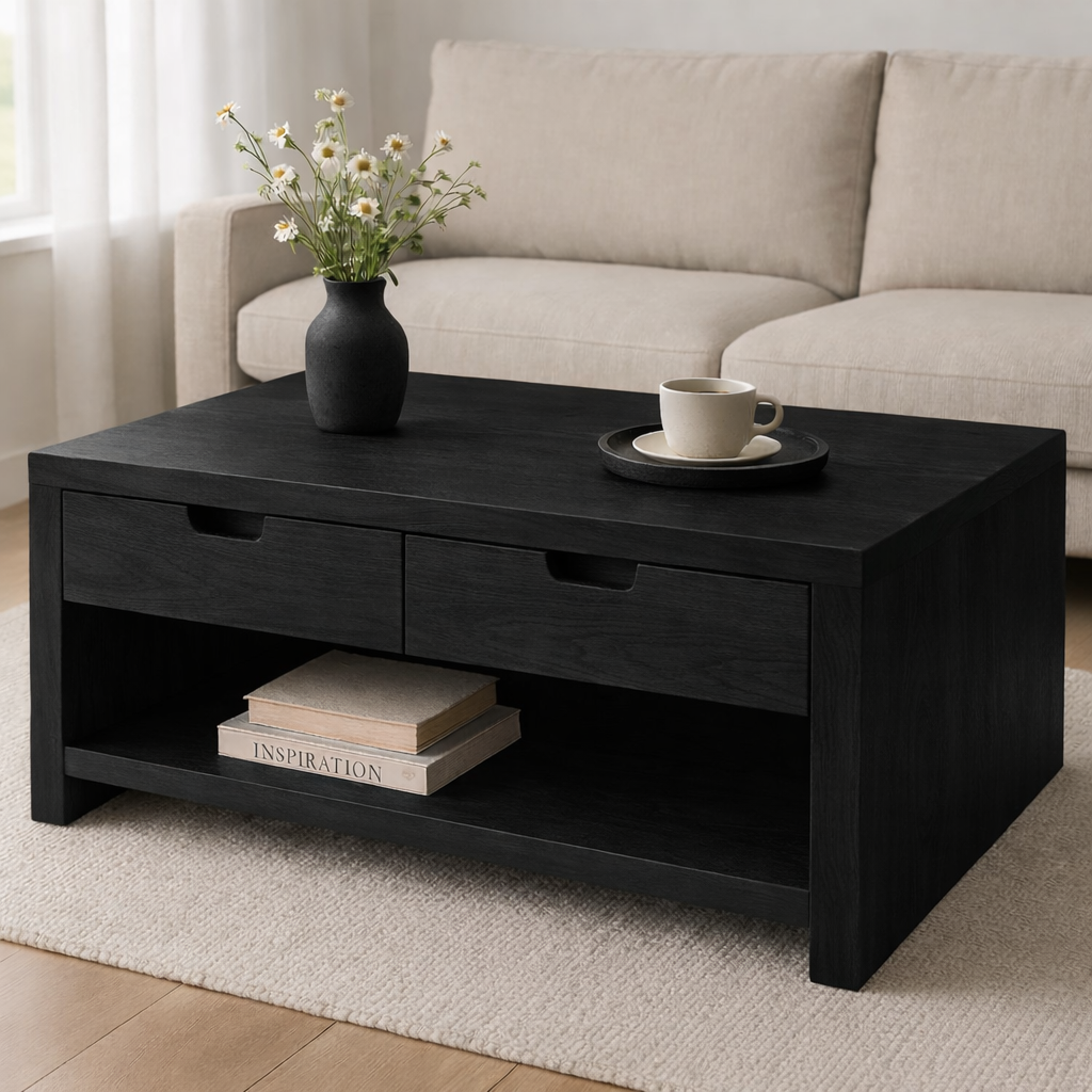 Solid Wood Coffee Table with Drawers and Open Shelf Rustic Living Room Table - view 2 of 7