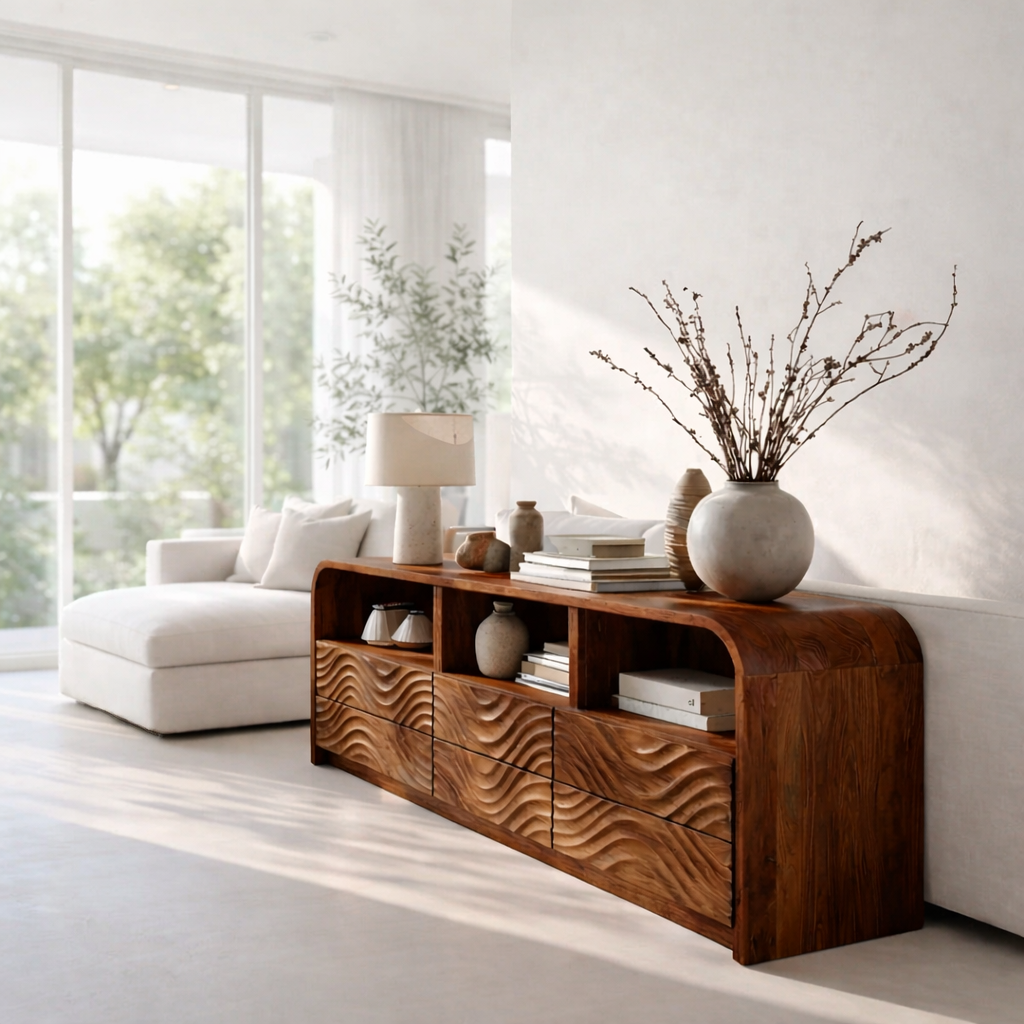 Solid Wood Sideboard Console with Wave Carved Drawers & Open Shelf Cabinet - view 2 of 7