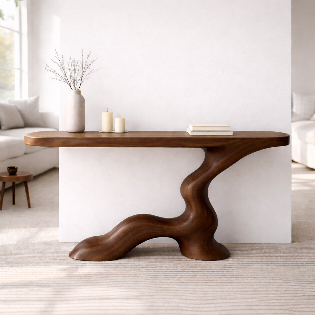 Modern Solid Wood Console Table, Sculptural Curved Base Entryway Hallway Walnut Statement Furniture - view 5 of 7