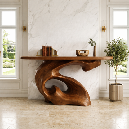 Solid Wood Console Table with Sculpted Organic Base, Artistic Modern Design - view 2 of 7