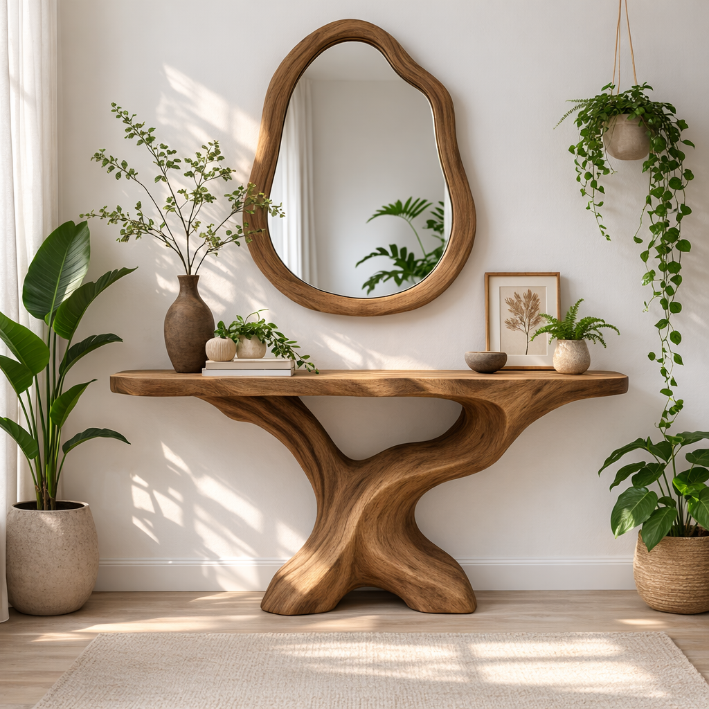 Sculptural Solid Wood Console Table, Organic Tree Base Entryway Table - view 5 of 7