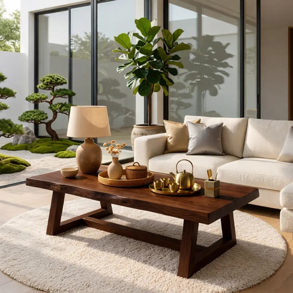 Rustic Solid Wood Coffee Table with Live Edge Top and Trestle Base for Living Room - view 3 of 7