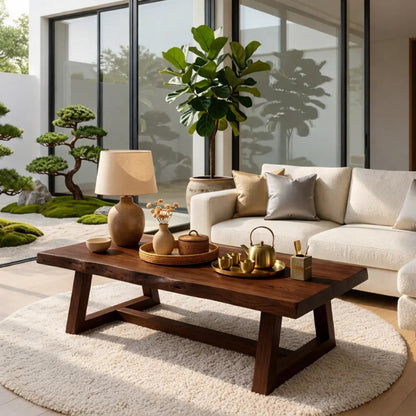 Rustic Solid Wood Coffee Table with Live Edge Top and Trestle Base for Living Room - view 3 of 7