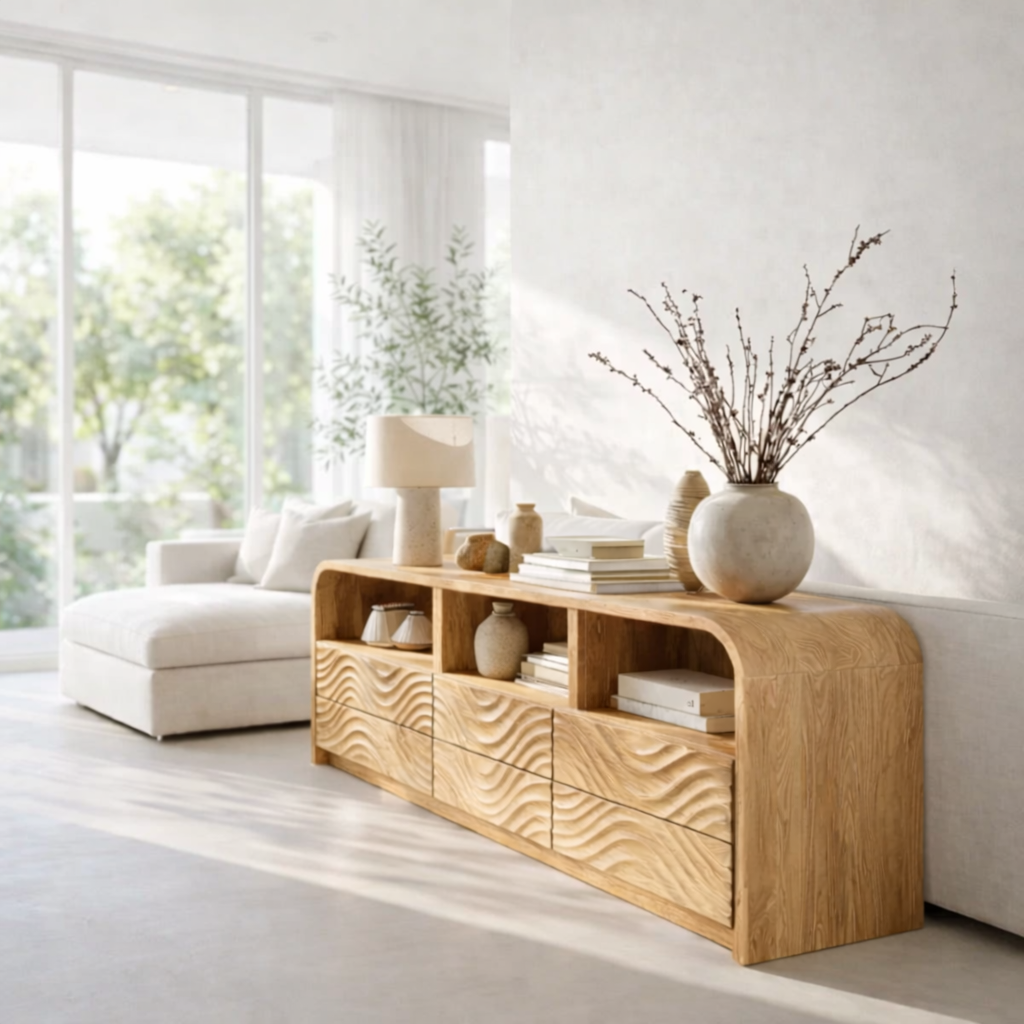 Solid Wood Sideboard Console with Wave Carved Drawers & Open Shelf Cabinet - view 1 of 7