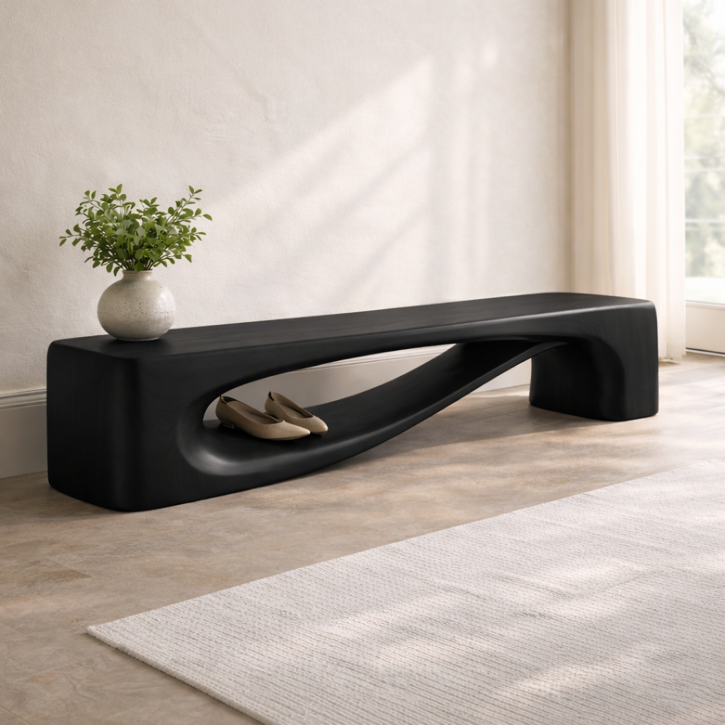 Modern Entryway Bench with Shelf Sculptural Hallway Seat Organic Statement Furniture - view 4 of 7