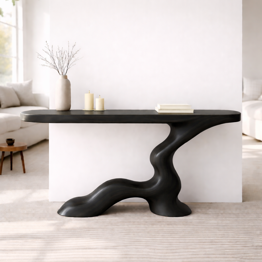 Modern Solid Wood Console Table, Sculptural Curved Base Entryway Hallway Walnut Statement Furniture - view 7 of 7