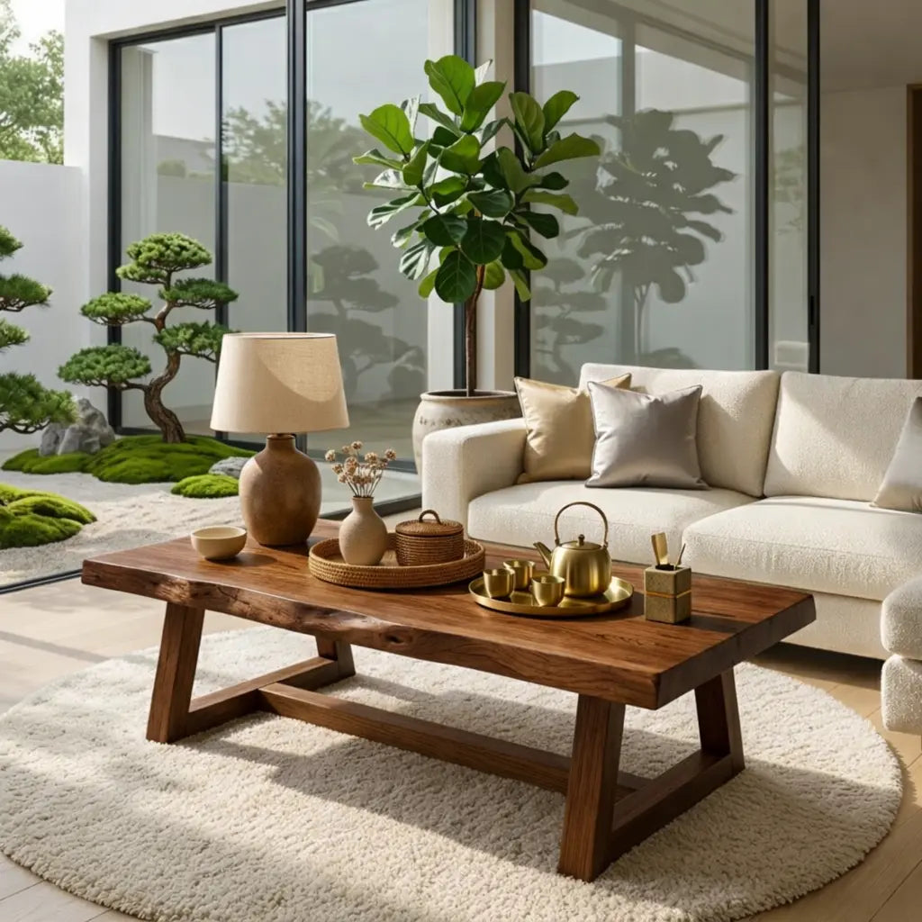 Rustic Solid Wood Coffee Table with Live Edge Top and Trestle Base for Living Room - view 2 of 7